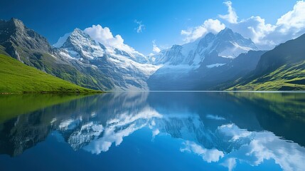 Mountainous Landscape with Snow-Capped Peaks Reflected in a Still Lake