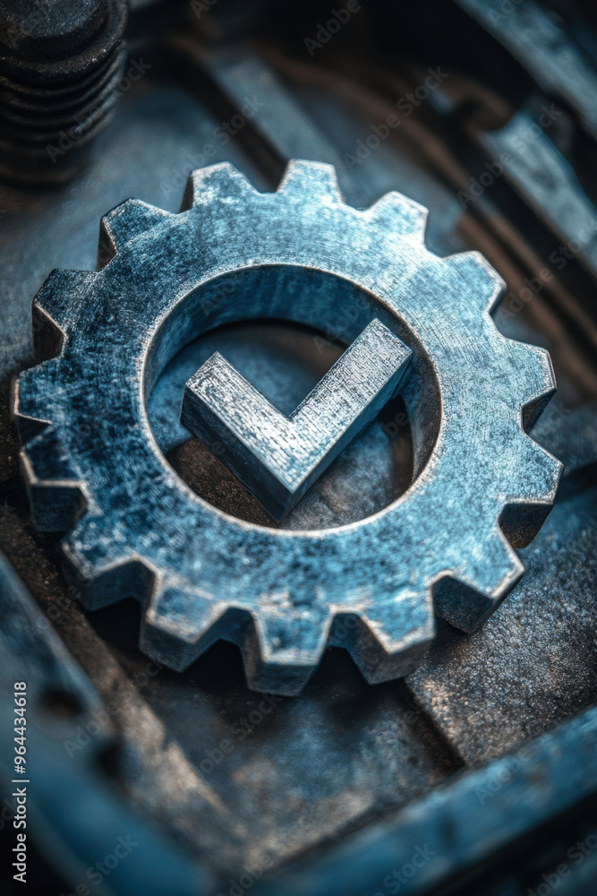 Poster optimization process, gears and checkmark representing improved efficiency and quality control in pr
