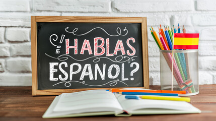 ¿Hablas Español?' written in colorful chalk sits on a desk. Nearby, a small Spanish flag adds a vibrant touch, symbolizing foreign language learning or teaching.