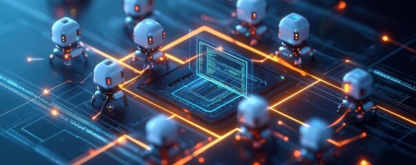 A team of AI bots forming a protective barrier around a network server, with glowing digital lines illustrating data protection