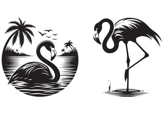 vector flamingo silhouette design, a flamingo standing in water with palm tree, silhouettes of flamingo birds, Vector black flamingo silhouette, Black silhouette of tropical bird flamingo 