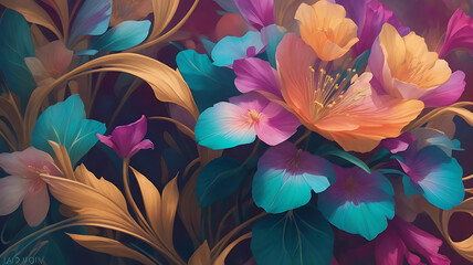 Realistic modern bright grainy texture gradient color art nouveau inspired floral high quality background illustration.