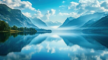 Tranquil Lake with Misty Mountains and Reflected Sky
