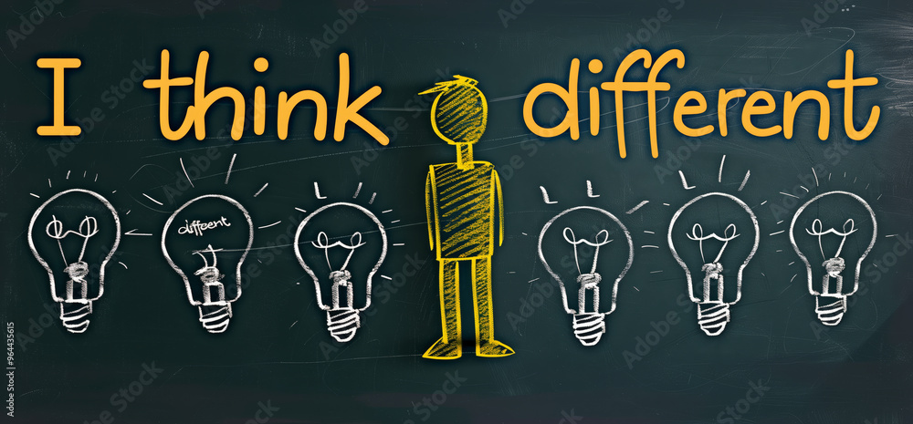 Poster a chalkboard with a drawing of a man standing in front of a row of light bulbs