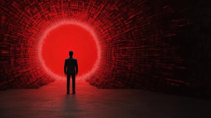 AI guardian figure standing in front of a massive digital gate, blocking a stream of red malicious code, representing ultimate cyber defense