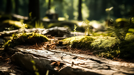 A log with a tree stump in the background and a small plant in the middle, autumn in the forest, autumn in the woods