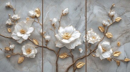 Elegant Floral Relief Triptych in White and Gold Accents