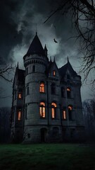 Halloween castle scenery with full moon in majestic night sky and highly detailed natural environment landscape. Halloween background. Horror scene for Halloween