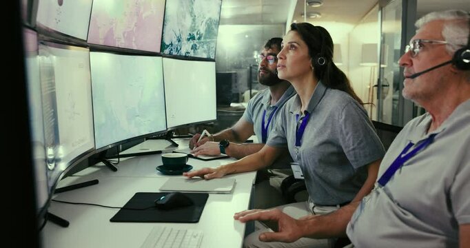 Engineer, control room and team monitor satellite maps to track storm weather pattern, problem and disaster. Meteorologist, climate scientist or people on computer for global warming and hurricane