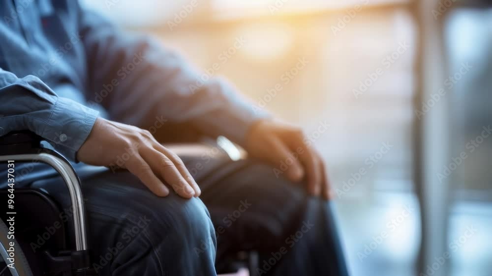 Poster man seated in a wheelchair by a large, bright window. represents mobility, independence, and accessi