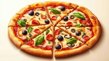 Icon of a whole pizza with eight slices, each topped with different ingredients like cheese, olives, and vegetables