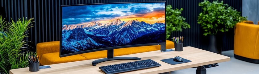 A modern workspace featuring a large monitor, keyboard, and plants, ideal for productivity and creative tasks.