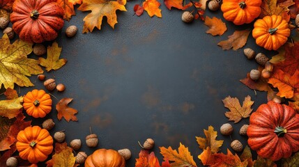 Colorful Autumn Leaf Border with Pumpkins and Acorns Around Blank Text Space
