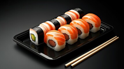 Icon of sushi arranged on a small tray, with a pair of chopsticks resting beside it. Perfect for a Japanese food theme.