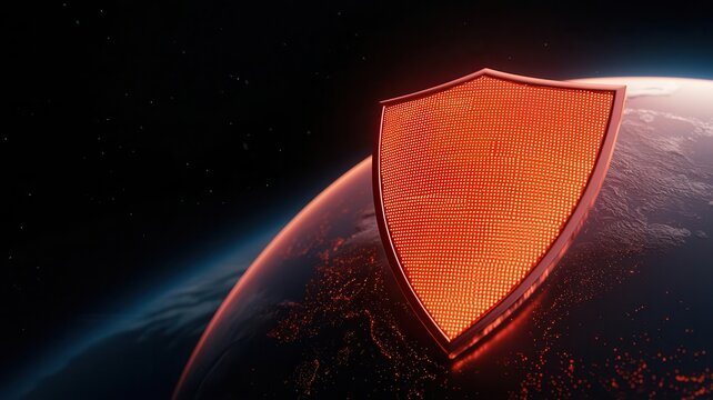 Visual metaphor of an AI shield made of binary code protecting a glowing Earth, symbolizing global cybersecurity