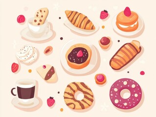 A variety of sweet treats, including pastries, donuts, and coffee, are arranged in a whimsical pattern on a light background.