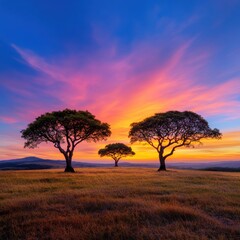 Obraz premium Golden Sunset Landscape with Silhouetted Trees and Rolling Hills.