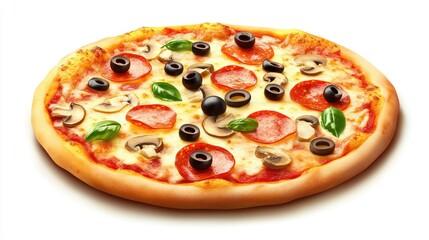 Pizza icon with a variety of toppings including pepperoni, olives, and mushrooms, presented in a clean design.