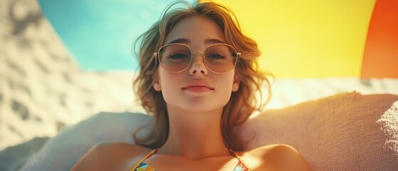 Relaxed Beach Bum on a Sunny Day with Vibrant Hues and a Beautiful Bikini Model.