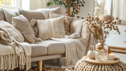 Cozy Sofa with Knitted Blankets and Pillows in Bright Living Room