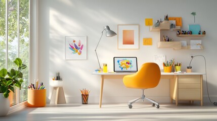 Fototapeta premium Vibrant Yellow Armchair in Modern Minimalist Room with Artwork Gallery and Greenery