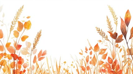 Serene Watercolor Border of Autumn Leaves and Wheat Field