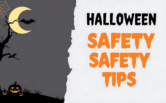 Halloween safety tips graphic with spooky background. Perfect for social media, posters, and flyers. 
