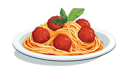 Simple spaghetti icon with noodles and meatballs on a plate, depicted in a clean and modern style.