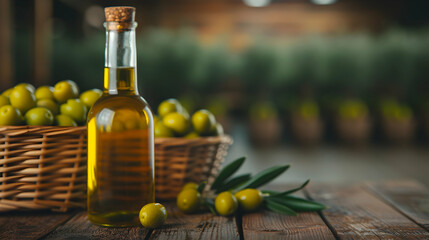 Obraz premium Olive Trees Bottles Full Olive Oil Baskets Full