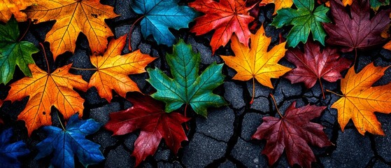 Vibrant fall leaves scattered on a cracked surface, showcasing a spectrum of colors from green to deep red and bright yellow.