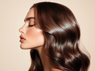 A woman with long brown hair is sitting with her head tilted to the side
