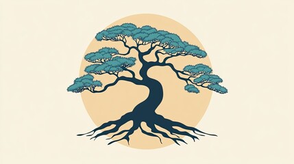 Stylized bonsai tree icon with intricate roots and branches, designed in a traditional flat style.