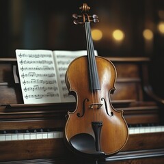 Moody Cello on Piano in Dimly Lit Room