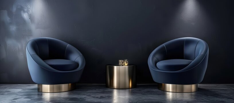 Two plush, navy blue chairs with brass bases and a gold side table on a dark background. Modern interior design.