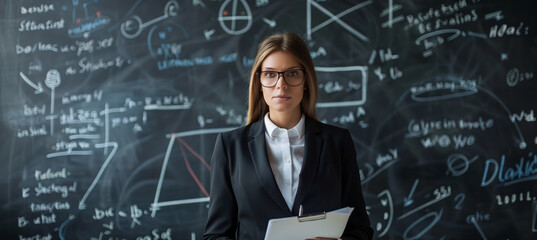 Female teacher or professor with glasses and suit stands in a classroom front of a school chalkboard with mathematical equations on it.