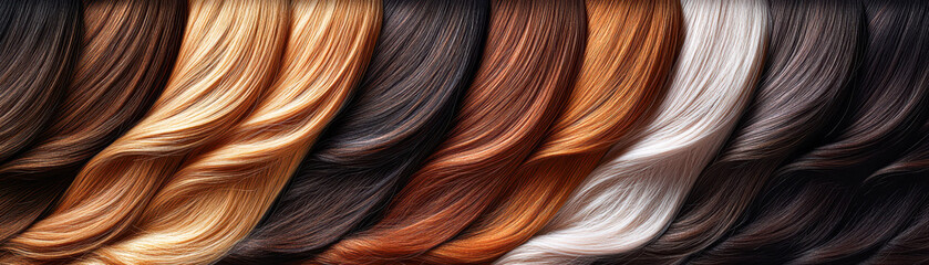 Fototapeta premium A row of hair with different colors, including brown, black, and white