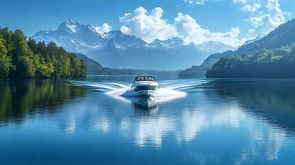 Obraz premium A speedboat racing across a serene lake, leaving white foam trails behind it. The reflection of surrounding mountains and trees is visible in the calm water. 
