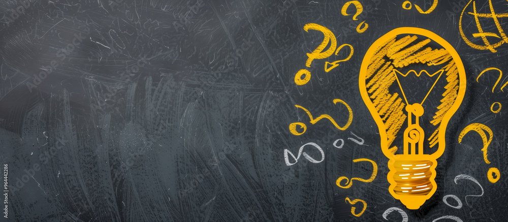 Poster chalkboard with a light bulb drawn on it, surrounded by questions marks covered in scribbles.
