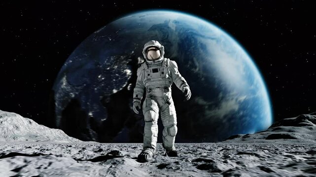 Spaceman in Spacesuit on Planet in Space on Earth Background. Astronaut Exploring Surface Moon in Expedition. 3d Animation Walking Man Cosmos Loop Footage. Unrecognizable Cosmonaut Futuristic Journey