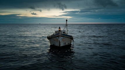 A solitary fishing boat bobs gently on the choppy waters of a dramatic, stormy sea. The image evokes a sense of solitude and the vastness of the ocean.