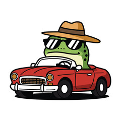 Cool Frog Driving a Convertible Car Cartoon Illustration