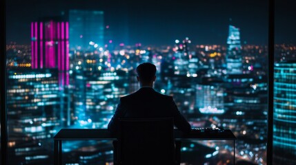 A person gazes out over a vibrant city skyline at night. The scene captures a sense of ambition and contemplation. This modern, urban style evokes feelings of inspiration and possibility. AI