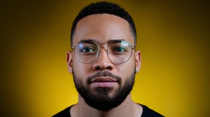 Obraz premium Confident young man with glasses looking directly at the camera against a yellow background. Perfect for business, professional, and portrait projects. 