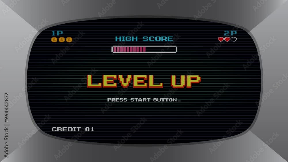 Poster level up. pixel art .8 bit game. retro arcade game machine. screen background.