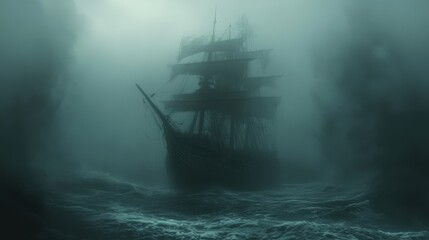 Ghostly Cursed Pirate Ship Adrift in Eerie Foggy Waters Surrounded by Sinister Sea Creatures and Dark Waves