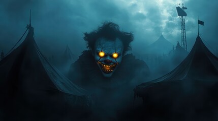 Naklejka premium Sinister Clown with Glowing Eyes in Spooky Carnival Setting