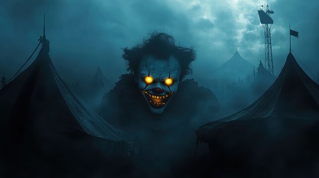 Sinister Clown with Glowing Eyes in Spooky Carnival Setting