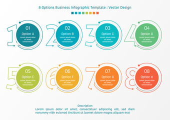 8 options business infographic template, theme of large number line with colorful circle button, also with text frame