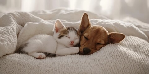 Heartwarming scene of a small kitten and puppy cuddling together while sleeping peacefully