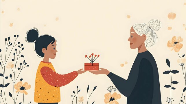 Girl Giving Gift to Grandmother with Flowers Illustration - Powered by Adobe